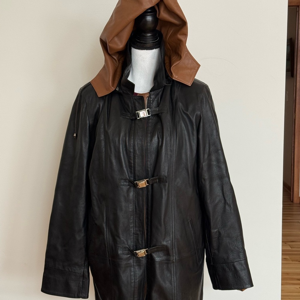 Valentino Black Leather Jacket with Brown Hood